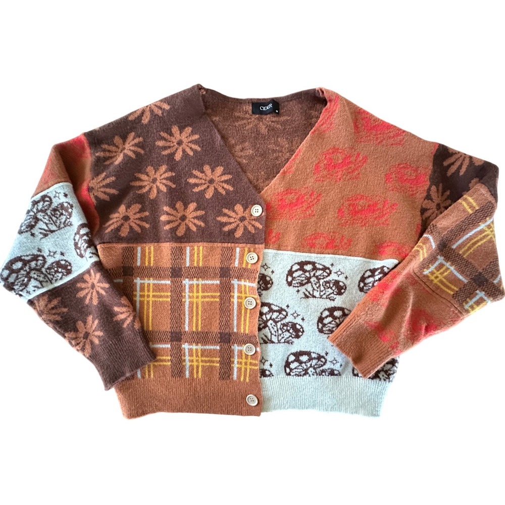 Cider Patchwork Mushroom Floral Plaid Cardigan Sweater Brown Orange Size M